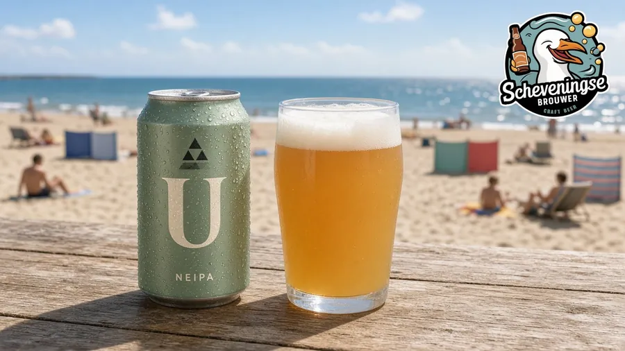 Uluwatu NEIPA aan het strand van Scheveningen met het logo van De Scheveningse Brouwer